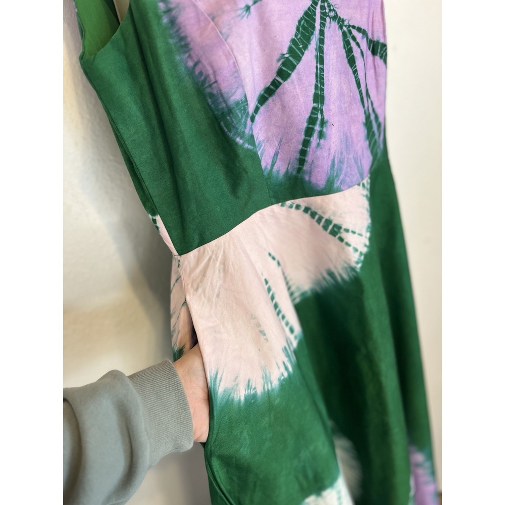 Busayo Belu Tie-Dyed Cotton Chambray Dress Size Large Green Midi Sleeveless‎ - Picture 8 of 10
